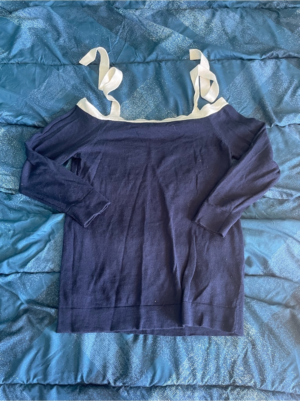 J.Crew Off-Shoulder Navy Sweater with Cream Tie Straps Size S